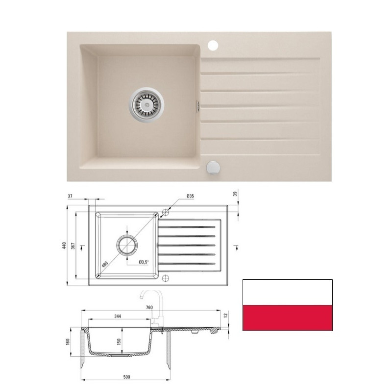 Virt.izlietne granīta bēša 76x44x16cm, ZORBA