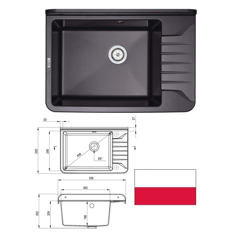 Хозяйственная мойка с крепл.,сифоном, KOMORA