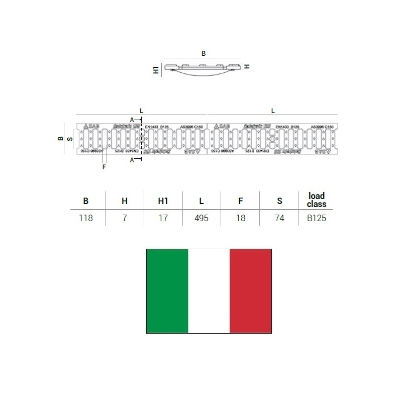 Čuguna reste kanālam B125 SD100, 50 CM