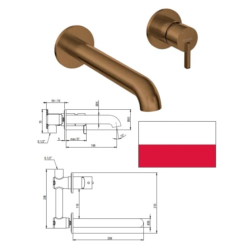 Смеситель для раковины встраиваемый,брон, SILIA