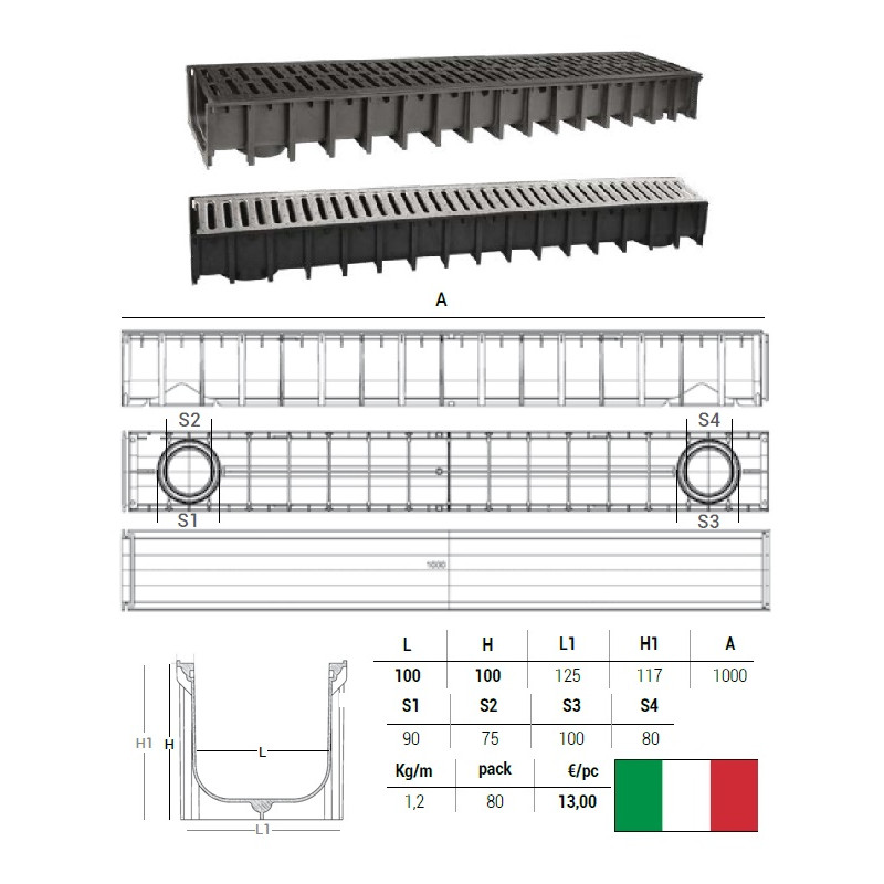 Rainwater drain channel 100x100,A-15, NER.TĒR