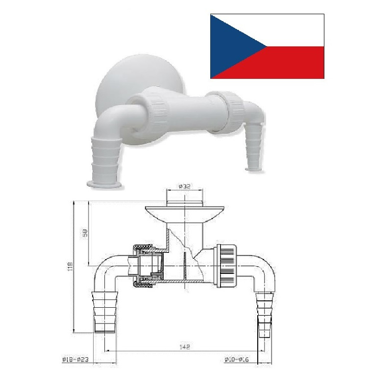 Syphon for wash.machine, 2hose con.DN32, DN32 AV